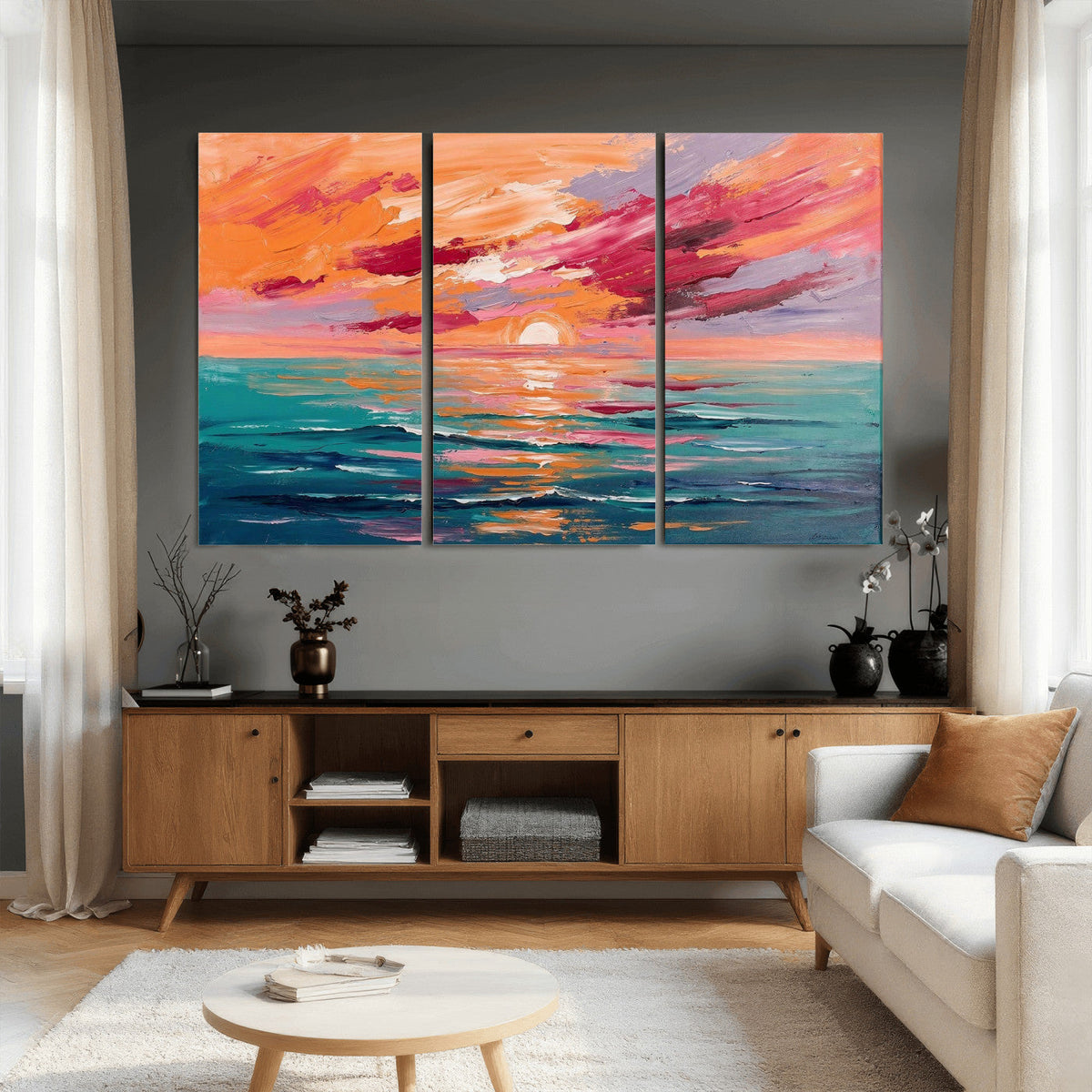 Bold Palette Knife Ocean Sunset Canvas — Orange Pink Teal