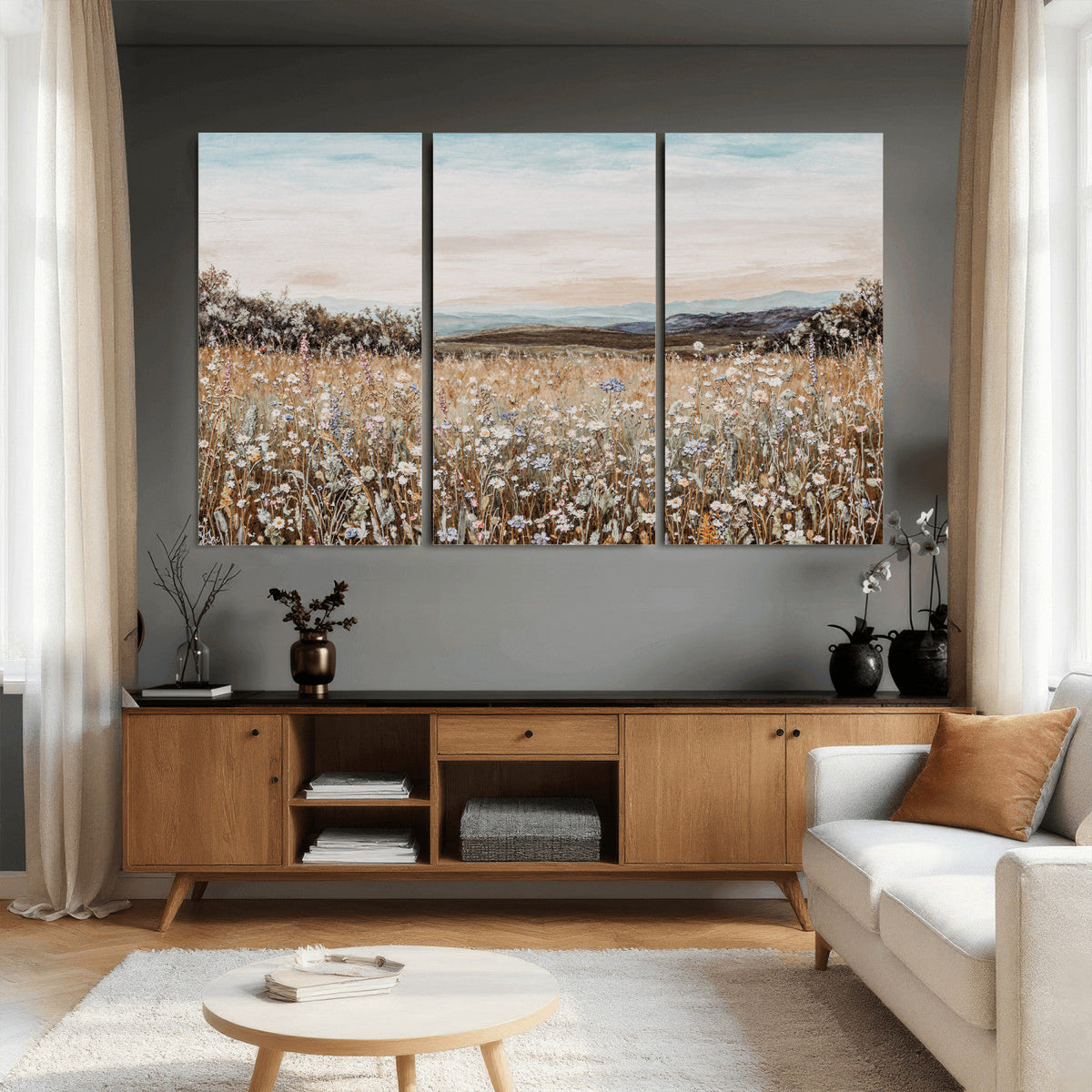 Neutral Wildflower Field Canvas Wall Art — Beige Earth Tone