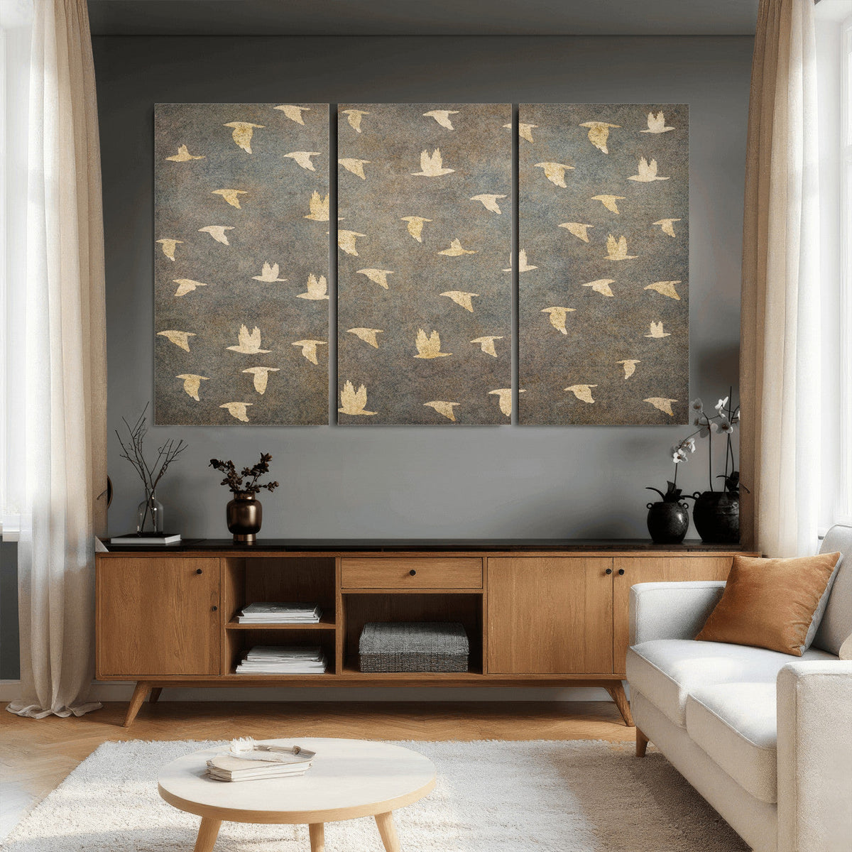 Flying Birds Canvas Wall Art, Vintage Bird Flock Pattern