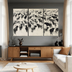 Longhorn Cattle Canvas Wall Art, Black White Stampede Ink