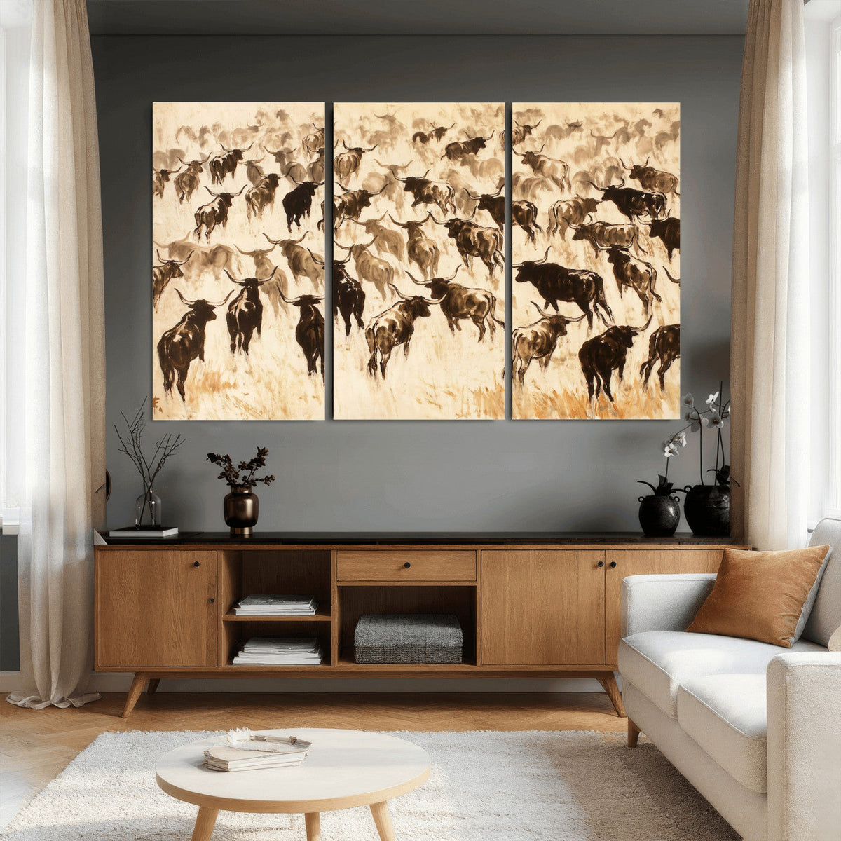 Texas Longhorn Sepia Canvas Wall Art, Western Cattle