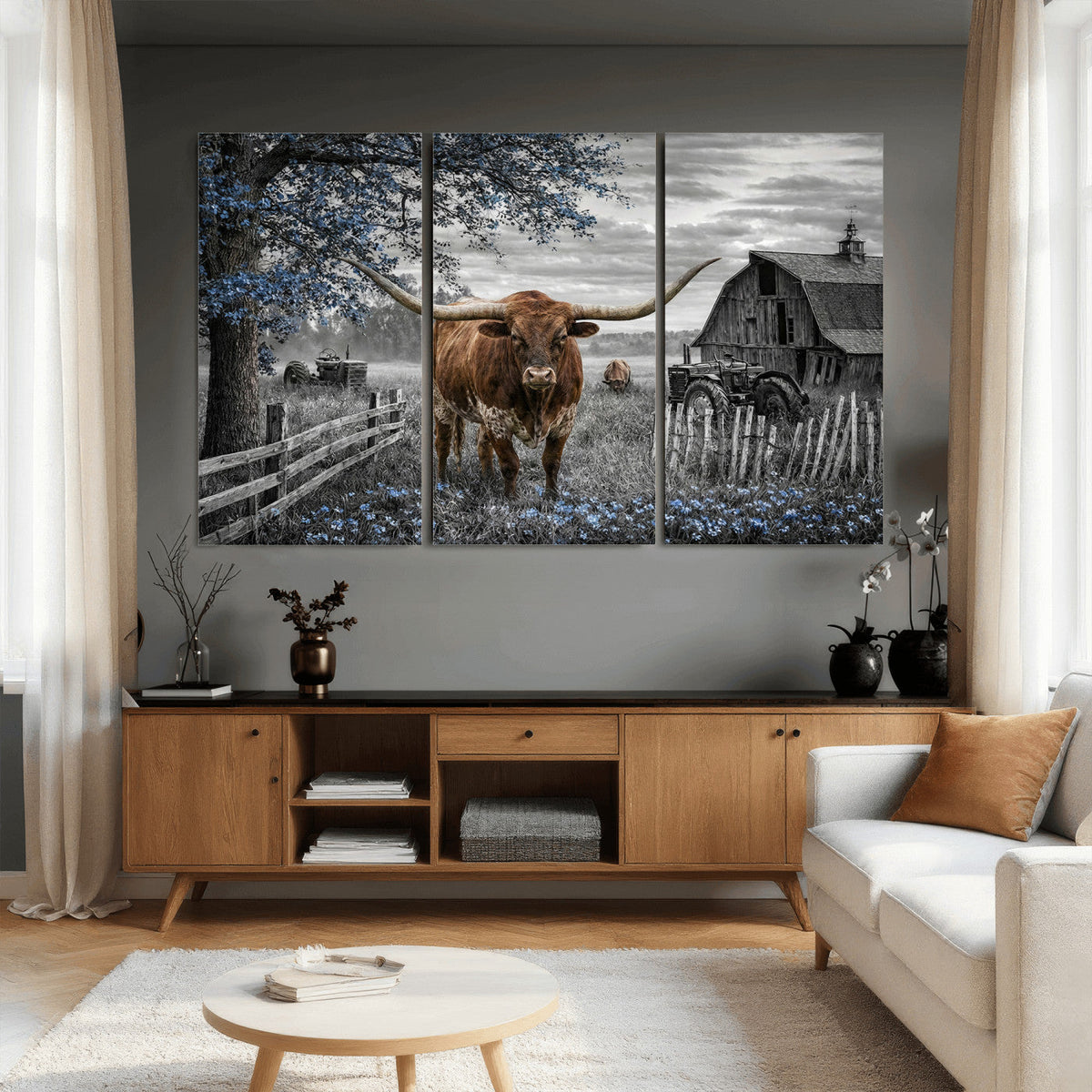 Texas Longhorn Canvas Wall Art, Rustic Farm Barn Bluebonnet