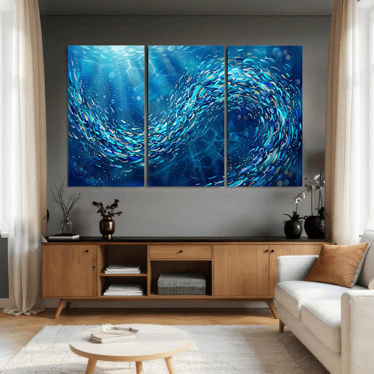 School of Fish Canvas Print | Blue Ocean Underwater Wall Art