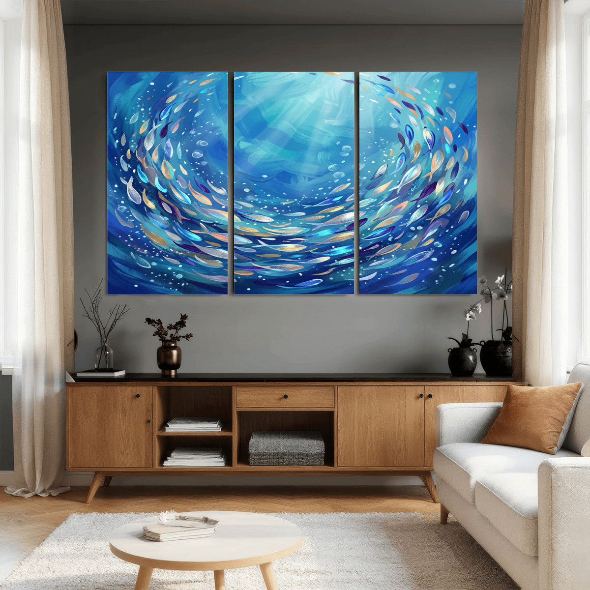 School of Fish Canvas Print | Blue Ocean Underwater Wall Art