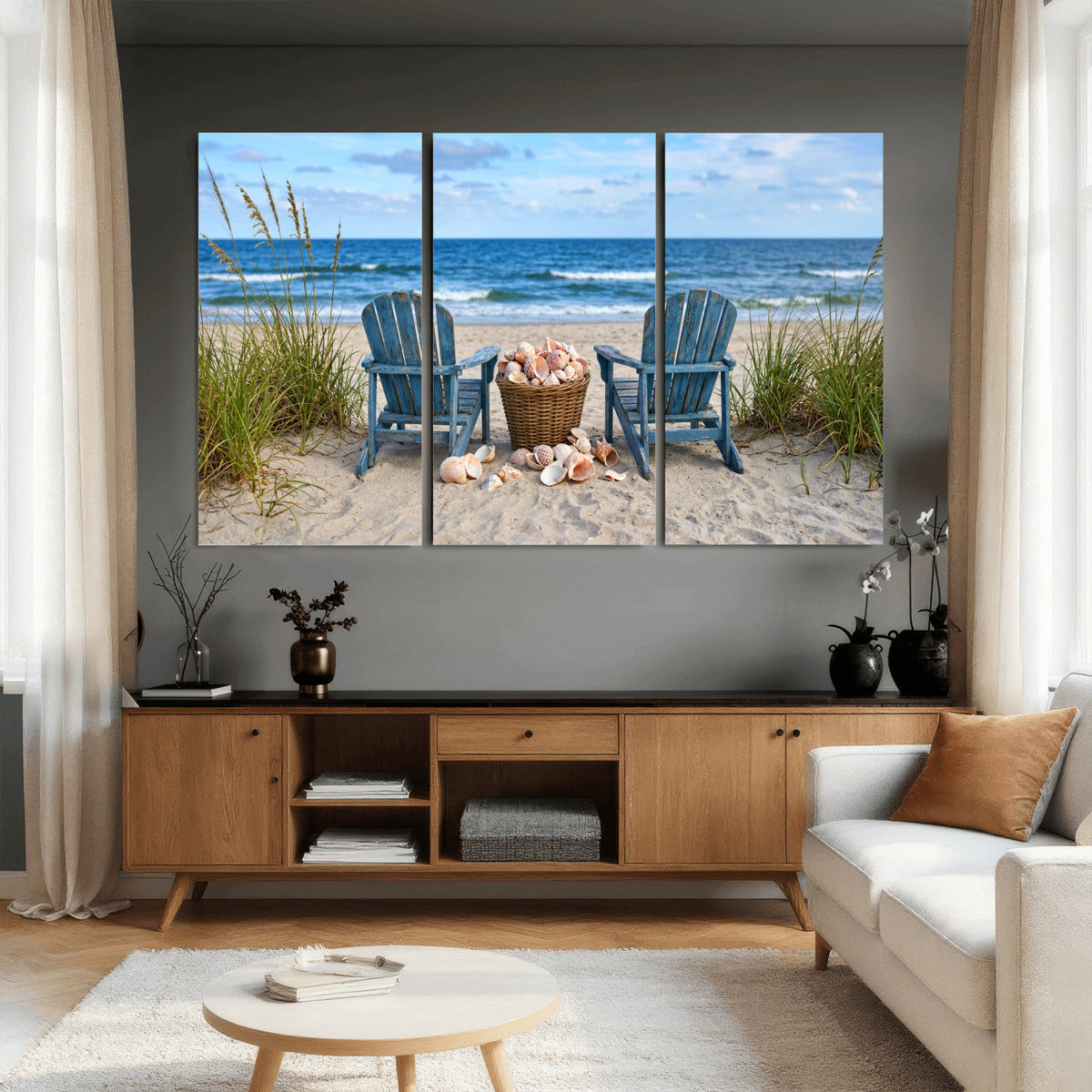 Large Beach Canvas Wall Art Coastal Adirondack Chairs Ocean