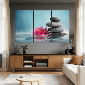Zen Canvas Wall Art Lotus Flower Stacked Stones Teal Spa
