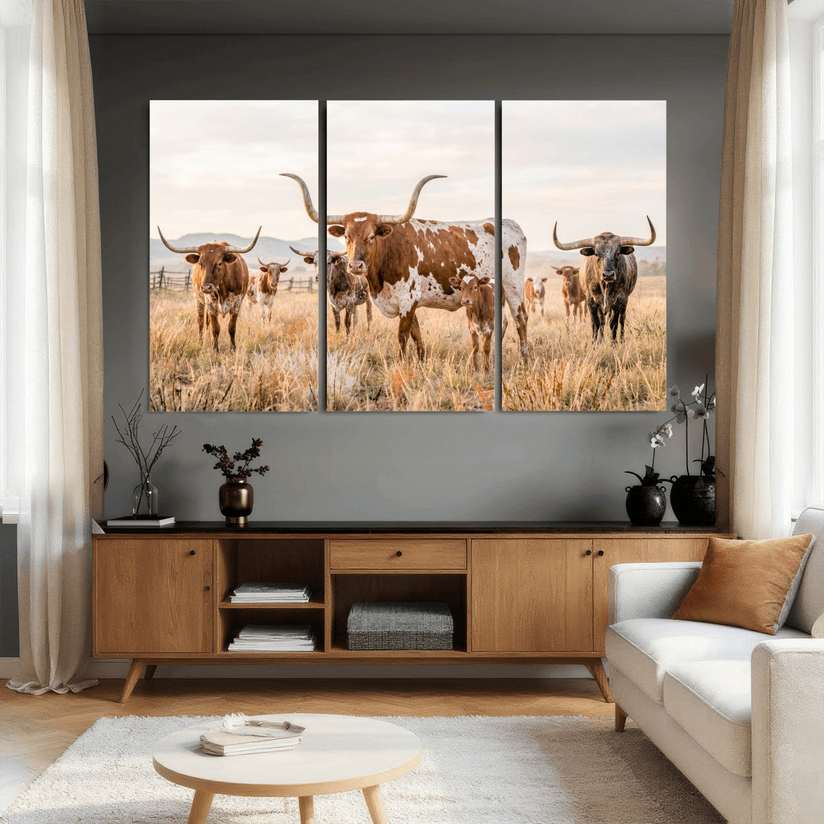 Texas Longhorn Canvas Wall Art, Rustic Farm Animal Photography Print, Farmhouse Country Decor, Western Ranch Art
