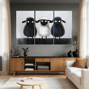 Funny Sheep Canvas Wall Art, Three Quirky Sheep Painting Print, Cute Animal Nursery Decor, Black White Navy Farmhouse Art, Kids Room Gift
