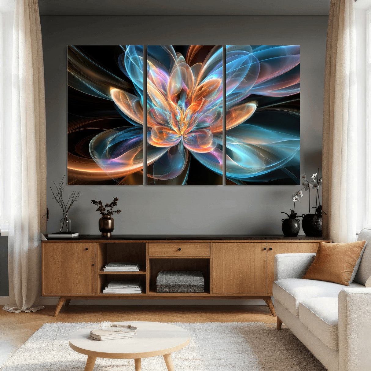 Fractal Lotus Canvas Wall Art, Blue Orange Glowing Flower Abstract Print, Modern Zen Meditation Room Decor, Ethereal Digital Art, Living Room