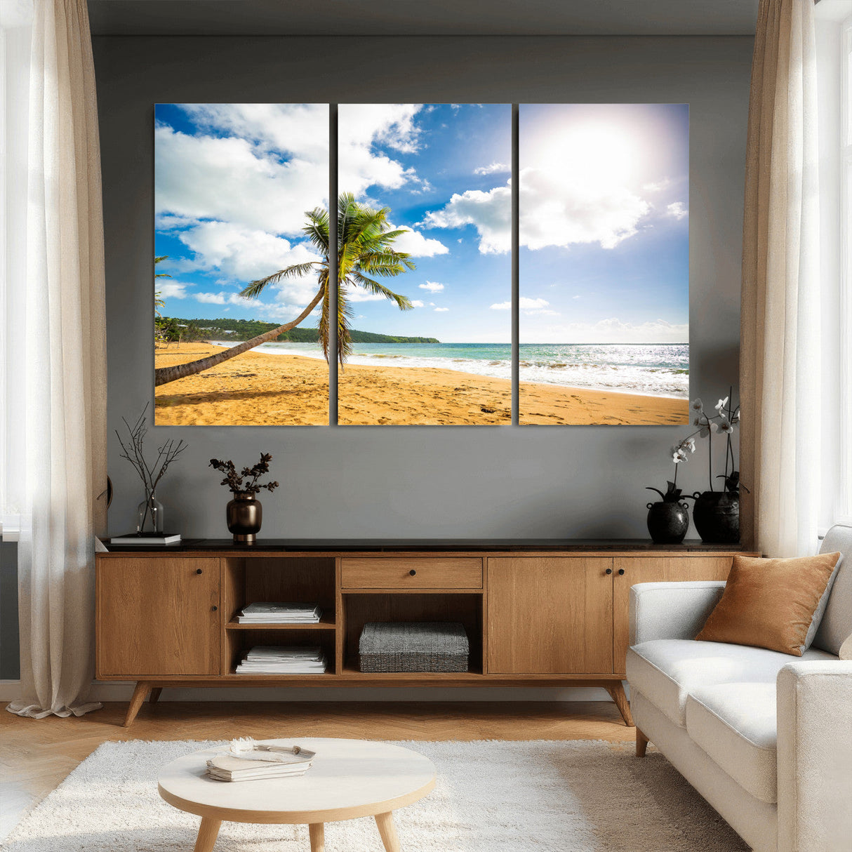 Tropical Beach Canvas Wall Art, Palm Tree Ocean Photo Print, Coastal Living Room Decor, Turquoise Sea Beach House Art, Summer Wall Art