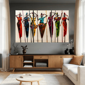 African Folk Art Canvas Wall Art, Colorful African Women Village Painting Print, Tribal Ethnic Home Decor, Vibrant African Art, Living Room