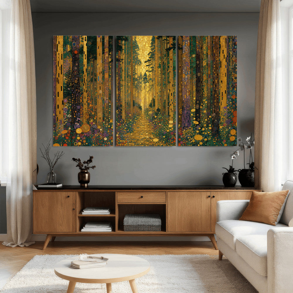 Gustav Klimt Style Forest Canvas Wall Art, Golden Forest Path Floral Art Nouveau Print, Enchanted Woodland Decor