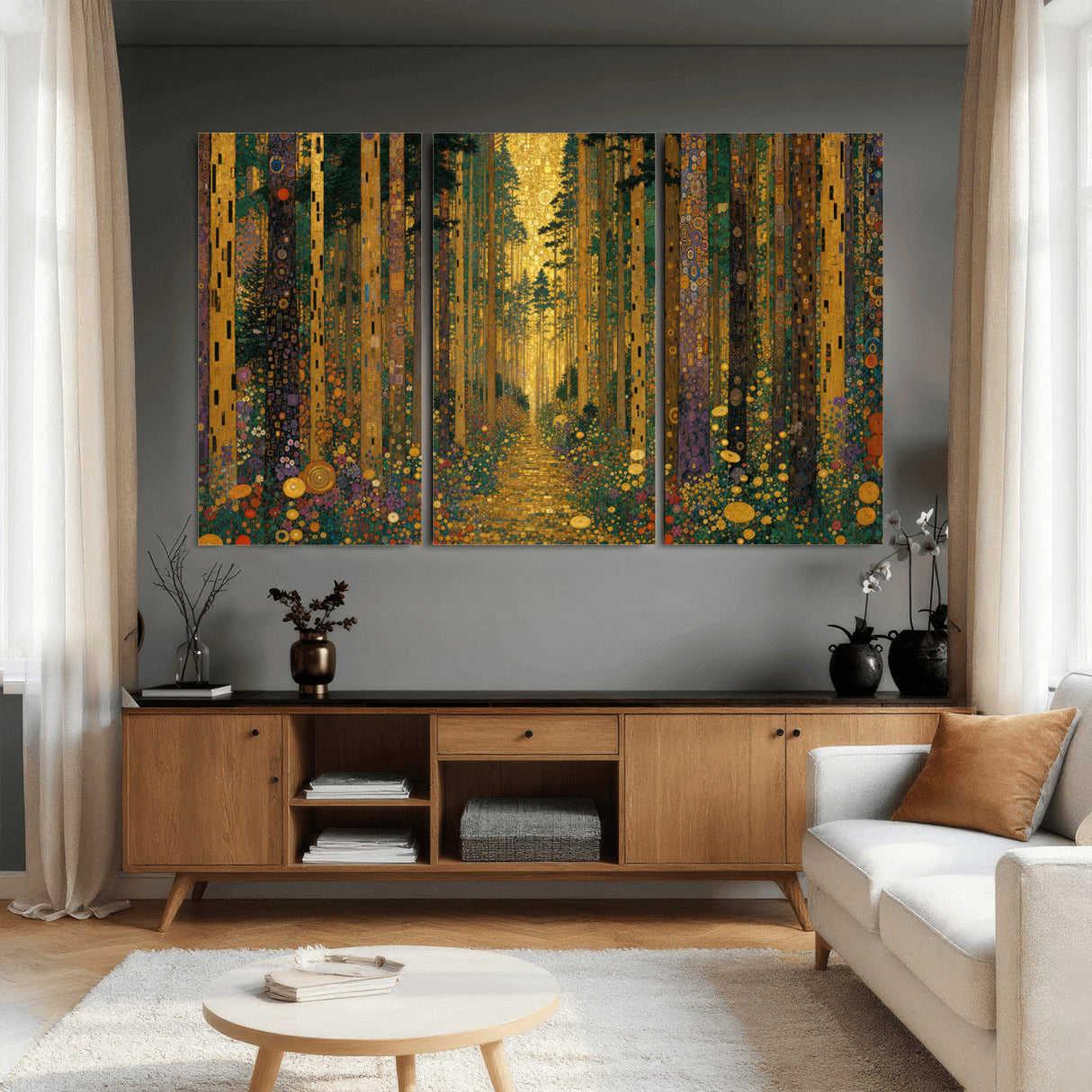 Gustav Klimt Style Forest Canvas Wall Art, Golden Forest Path Floral Art Nouveau Print, Enchanted Woodland Decor