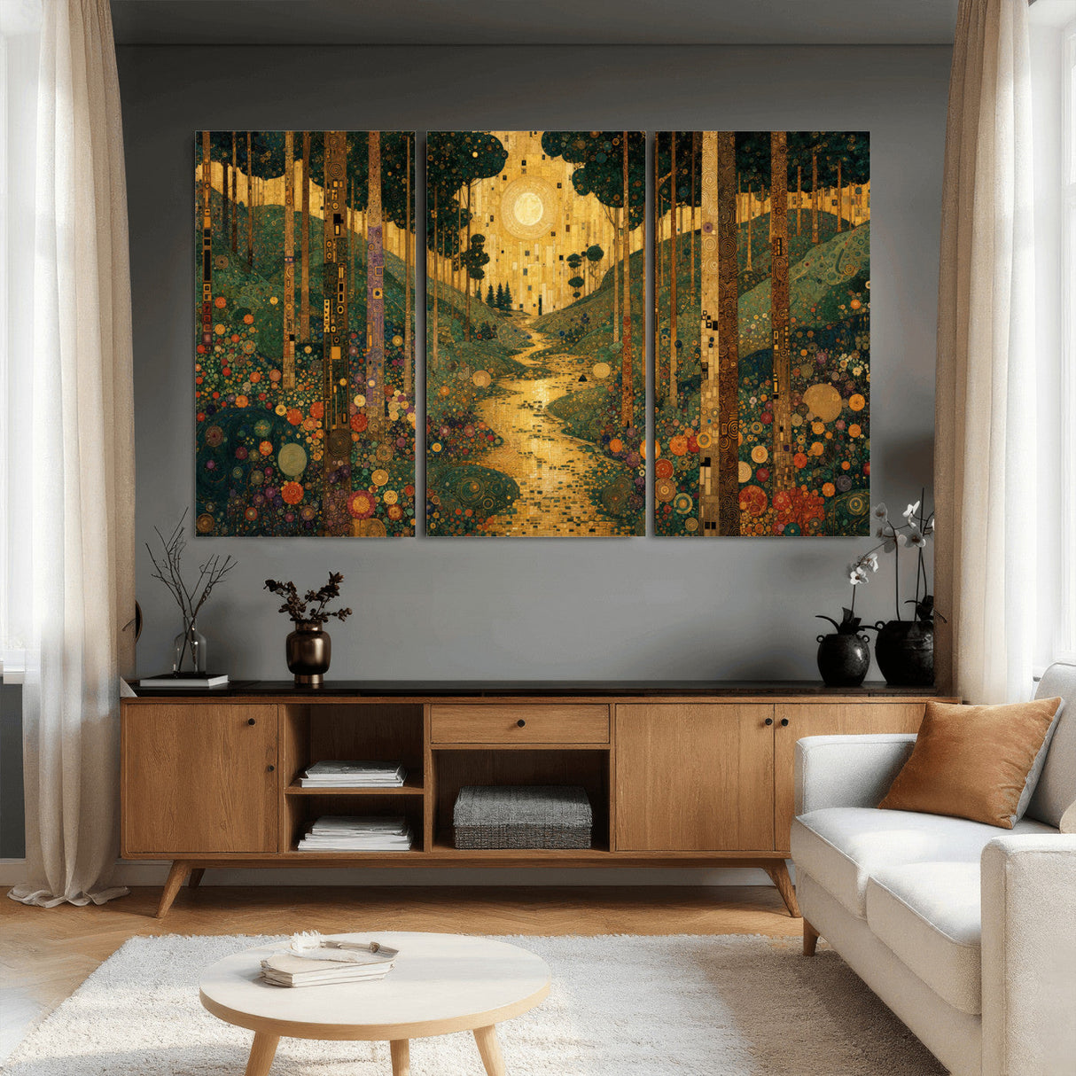 Gustav Klimt Style Forest Canvas Wall Art, Golden Forest Path Floral Art Nouveau Print, Enchanted Woodland Decor