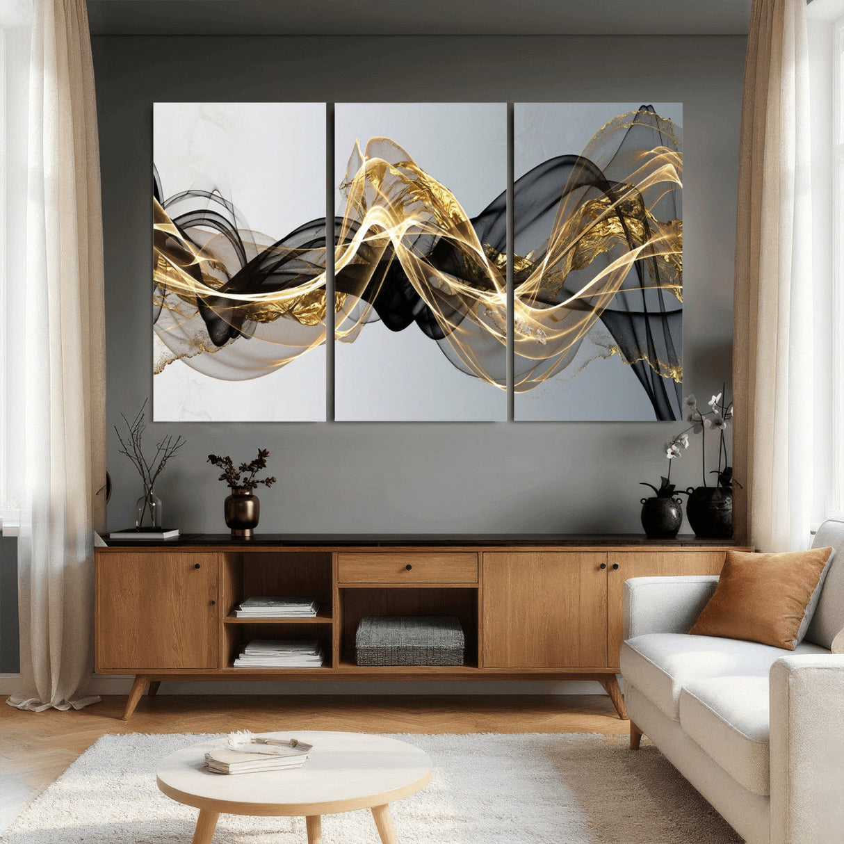 Black and Gold Abstract Wall Art, Modern Wave Canvas Print, Elegant Flowing Smoke Art, Luxury Living Room Decor