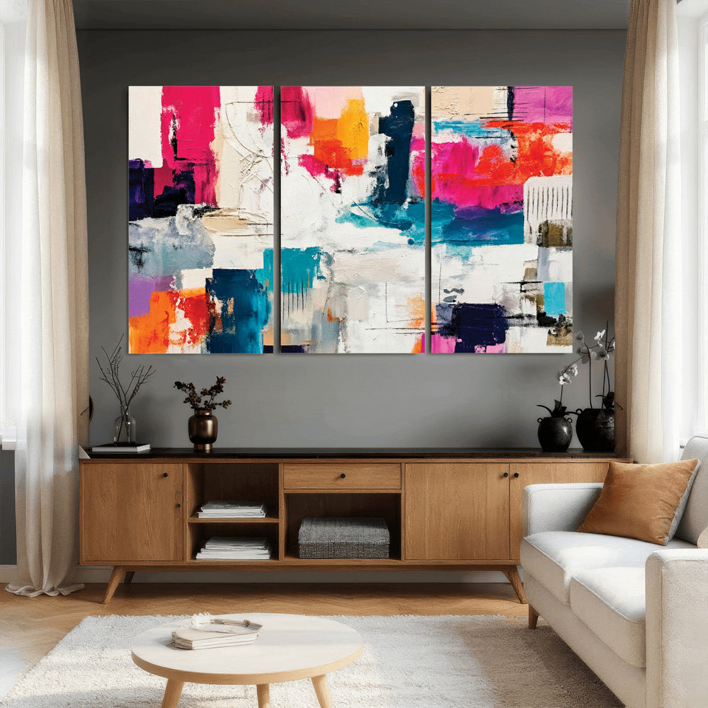 Blue Teal Abstract Canvas Wall Art, Modern Textured Painting Print, Navy Orange White Contemporary Art, Neutral Living Room Decor, Office Art