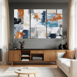 Blue Teal Abstract Canvas Wall Art, Modern Textured Painting Print, Navy Orange White Contemporary Art, Neutral Living Room Decor, Office Art