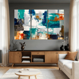 Blue Teal Abstract Canvas Wall Art, Modern Textured Painting Print, Navy Orange White Contemporary Art, Neutral Living Room Decor, Office Art
