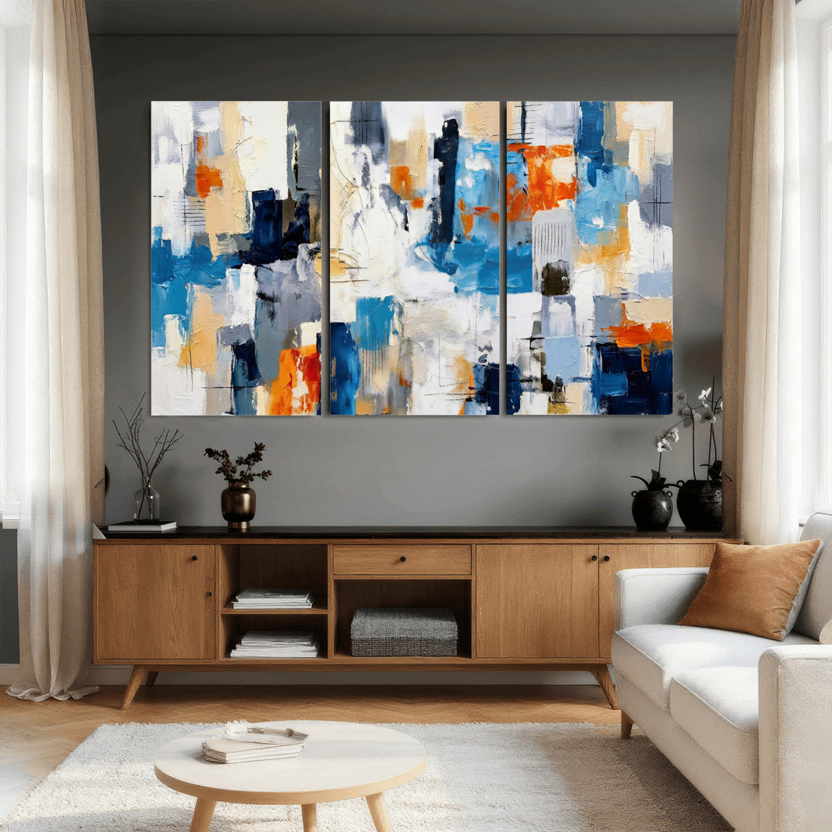 Blue Teal Abstract Canvas Wall Art, Modern Textured Painting Print, Navy Orange White Contemporary Art, Neutral Living Room Decor, Office Art