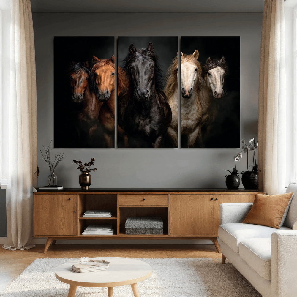 Horse Wall Art Canvas Print, Wild Horses Portrait Photography, Dramatic Equestrian Decor, Black Brown White Horse Herd, Rustic Ranch Art