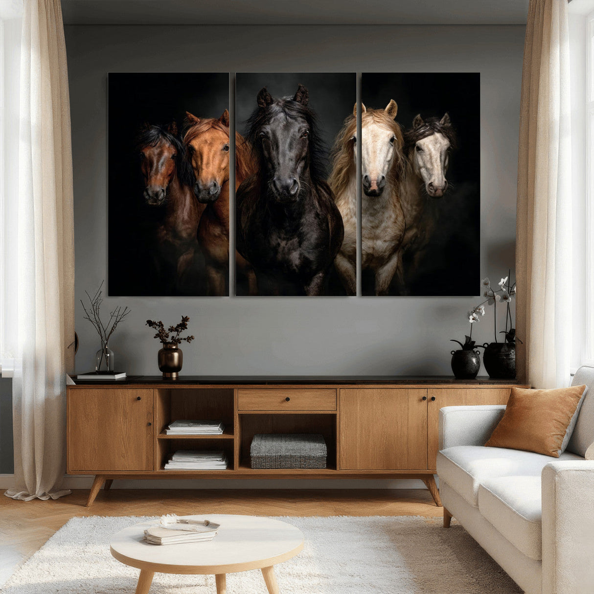 Horse Wall Art Canvas Print, Wild Horses Portrait Photography, Dramatic Equestrian Decor, Black Brown White Horse Herd, Rustic Ranch Art