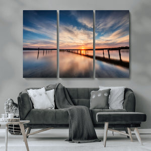 Wooden Pier on Seascape and Sunset Wall Art Canvas Print