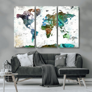 Modern Watercolor World Map Canvas Wall Art – Framed