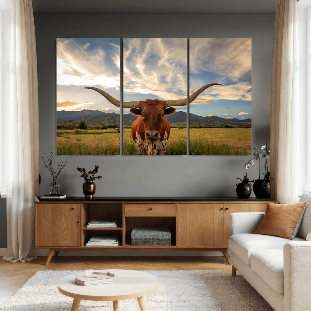Texas Longhorn Canvas Wall Art – Majestic Triptych Animal