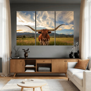 Texas Longhorn Canvas Wall Art – Majestic Triptych Animal