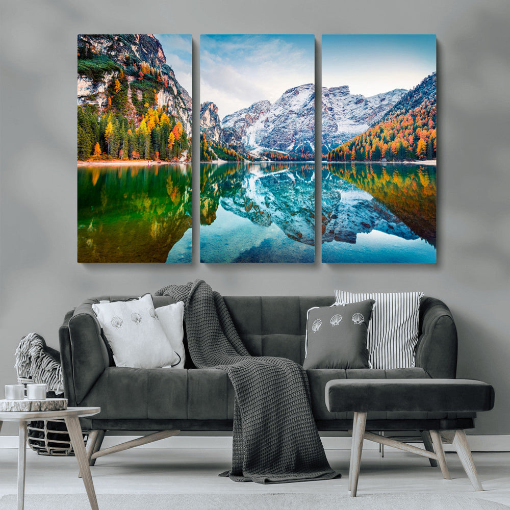 Spectacular autumn view of Braies Lake Wall Art Canvas Print