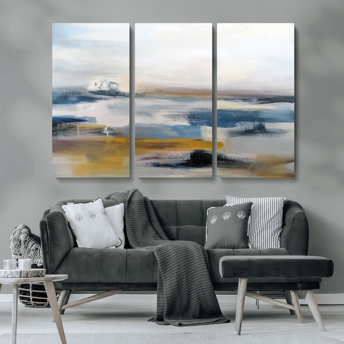 Abstract Landscape Wall Art Canvas | 3 Panel Modern Blue,