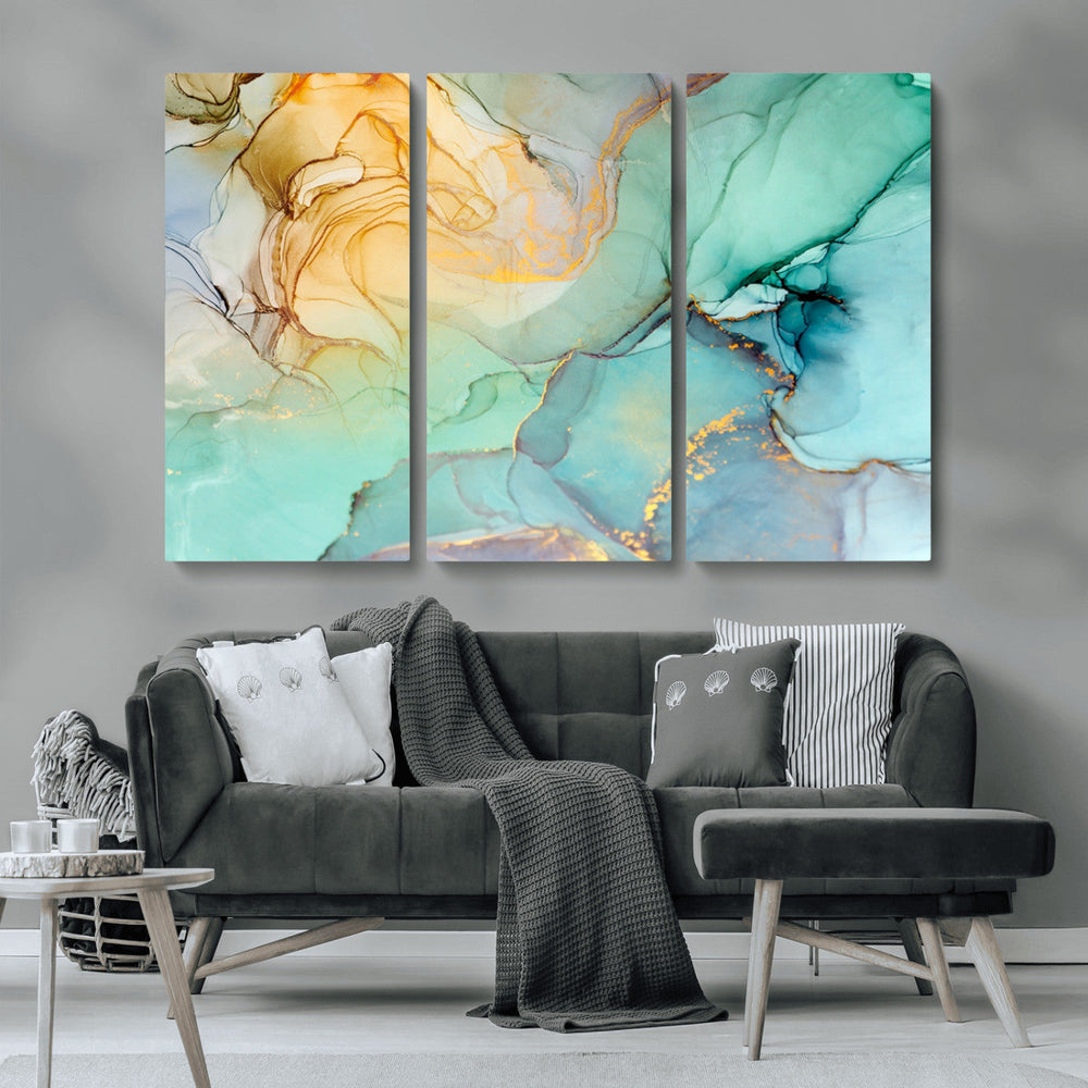 Abstract Aqua and Gold Fluid Wall Art Canvas | 3 Panel Large