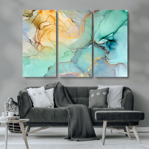 Abstract Aqua and Gold Fluid Wall Art Canvas | 3 Panel Large