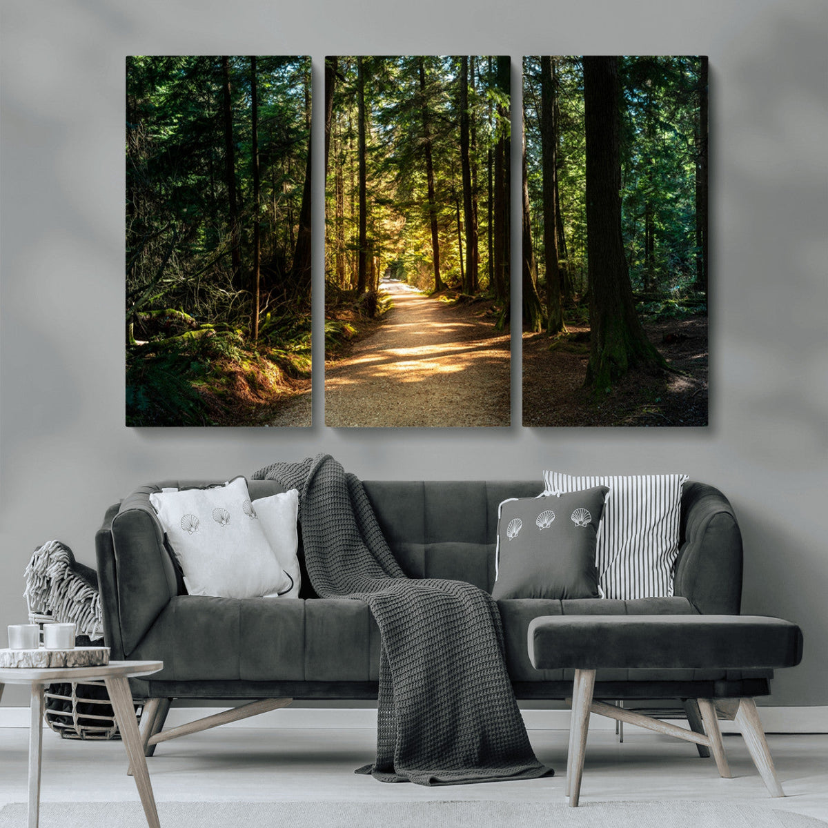 Sunlit Forest Pathway Canvas Print | 3 Panel Large Nature