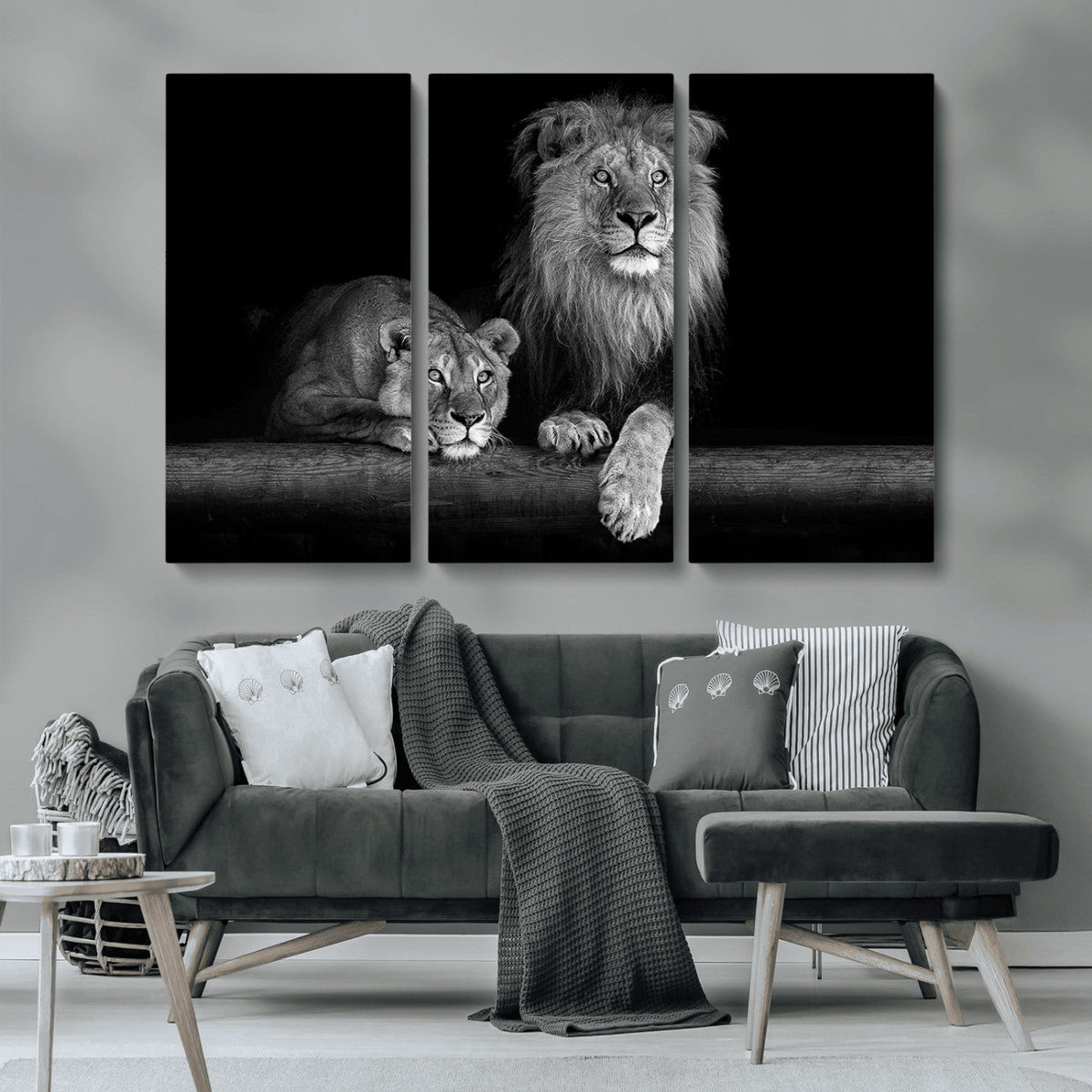 Large Black and White Lion Couple Wall Art Canvas Print –