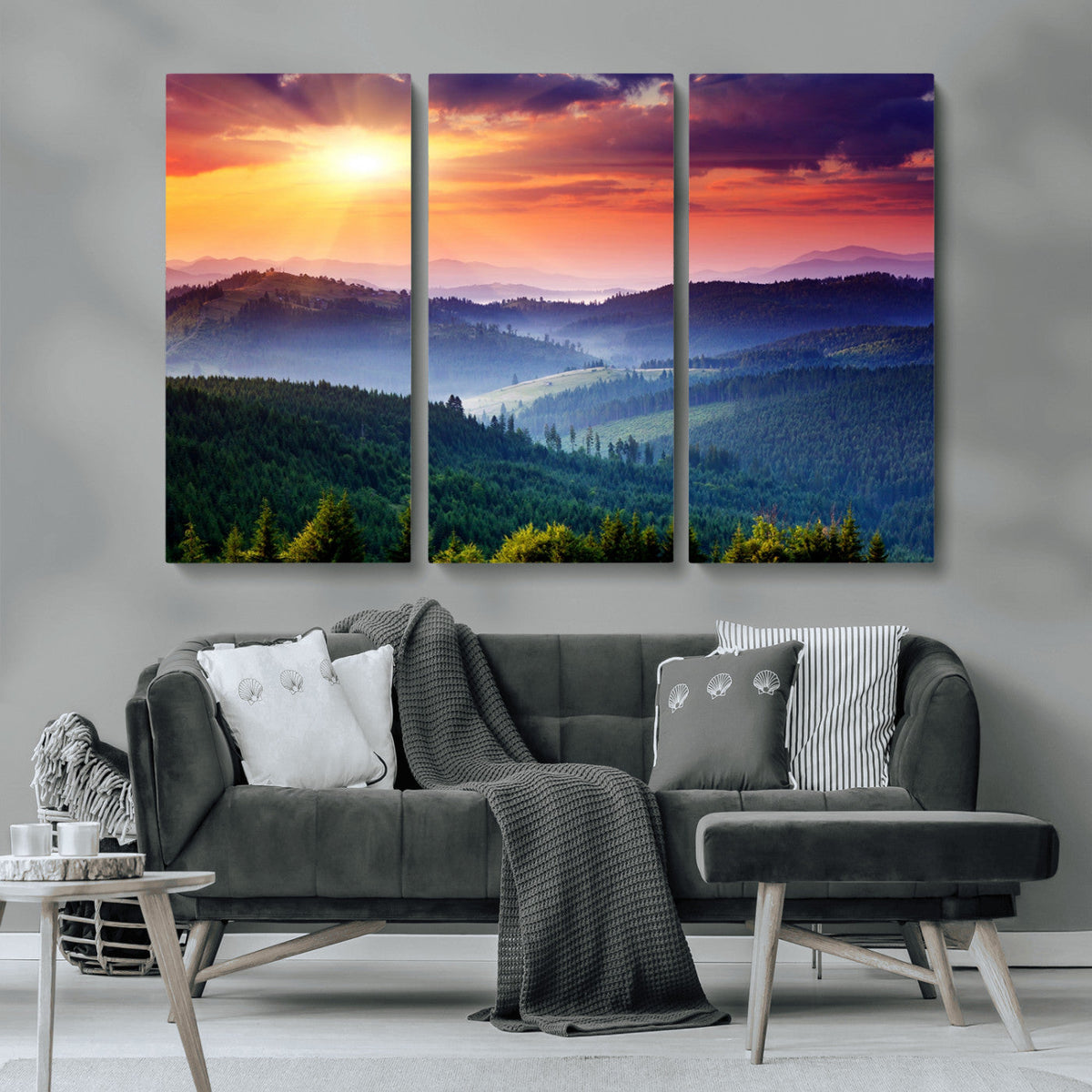 Beautiful Sunset over Hills Forest Landscape Canvas Wall Art