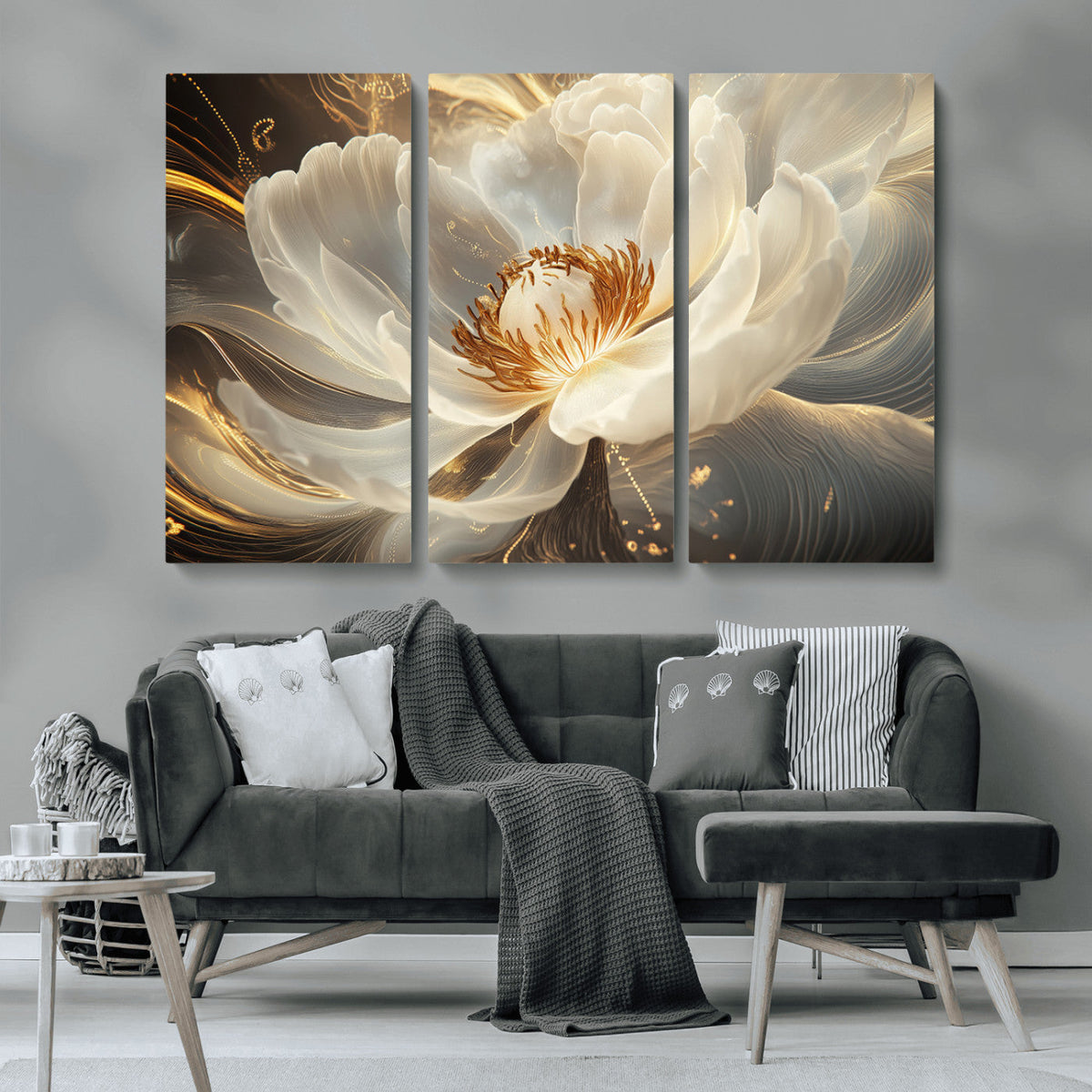 Gold Floral Wall Art Canvas Print, Framed Modern Flower Art