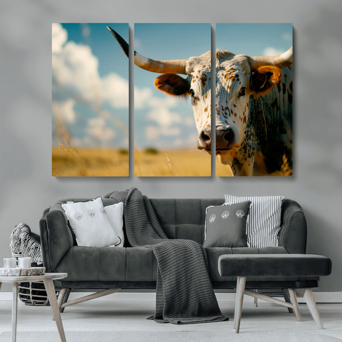 Longhorn in the Prairie - Stunning Ranch-Style Triptych Wall