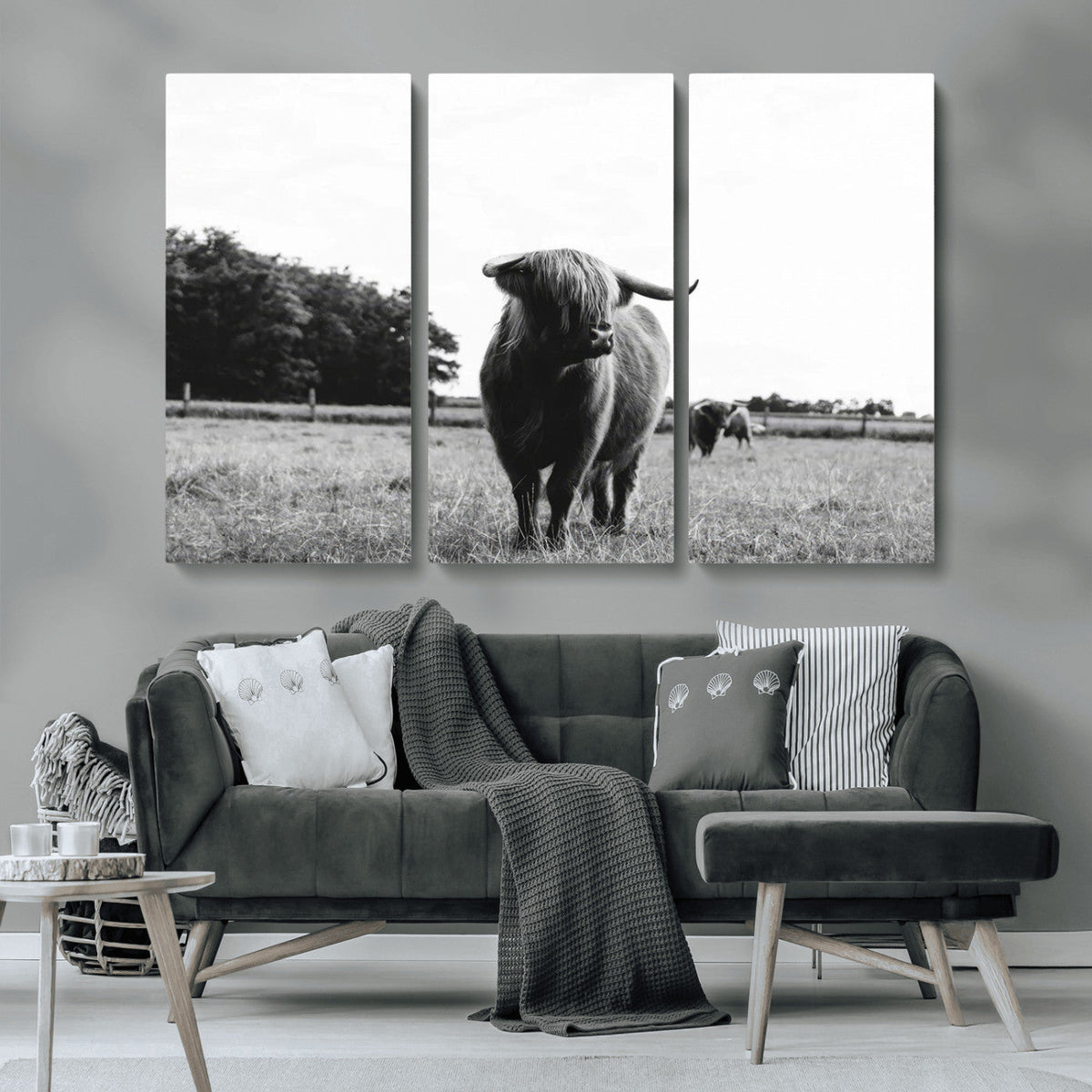 Black and White Highland Cow Wall Art Canvas Print | Rustic