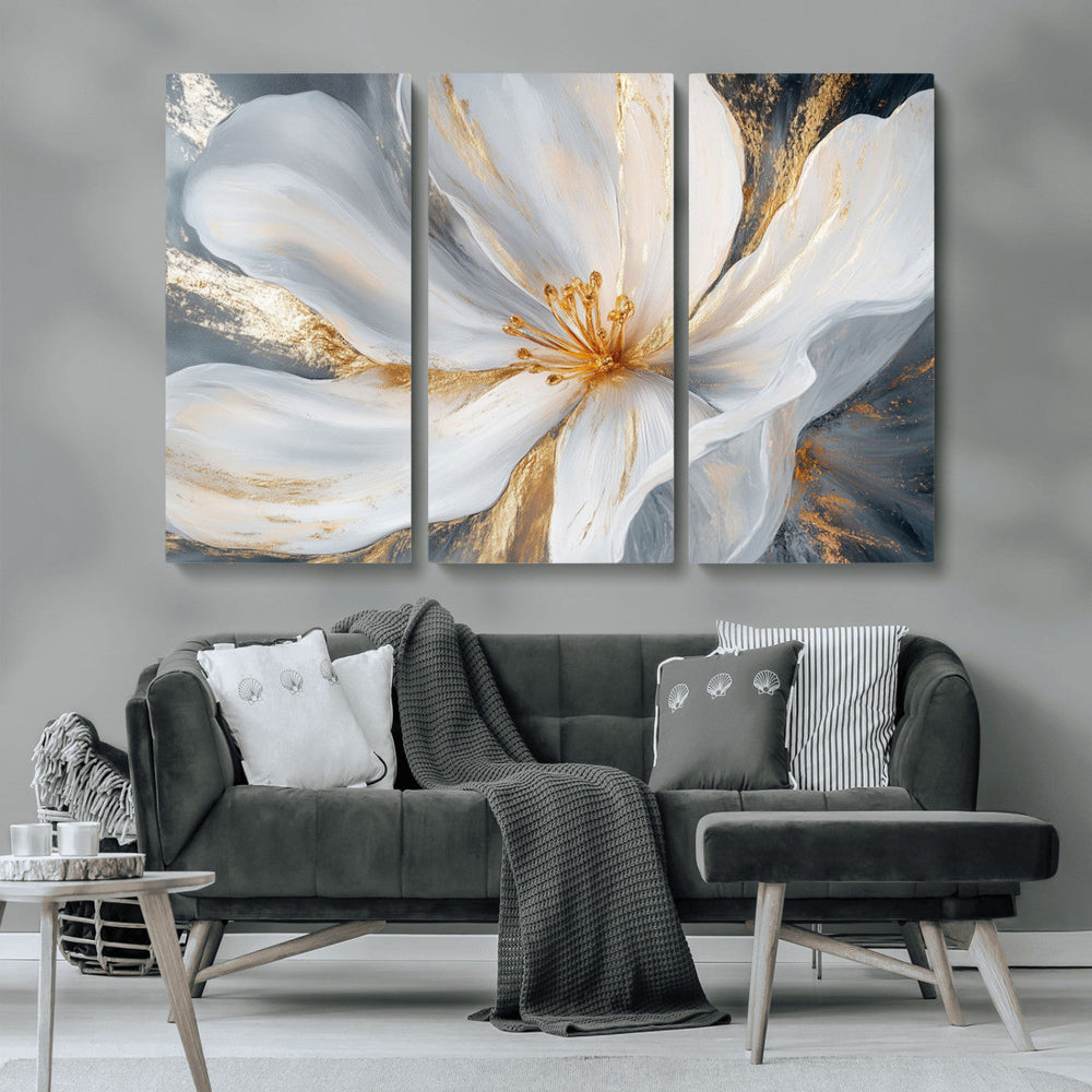 White and Gold Floral Canvas Wall Art - Framed and Ready to