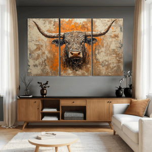 Abstract Cow Longhorn Bull Wall Art Canvas Print - Rustic