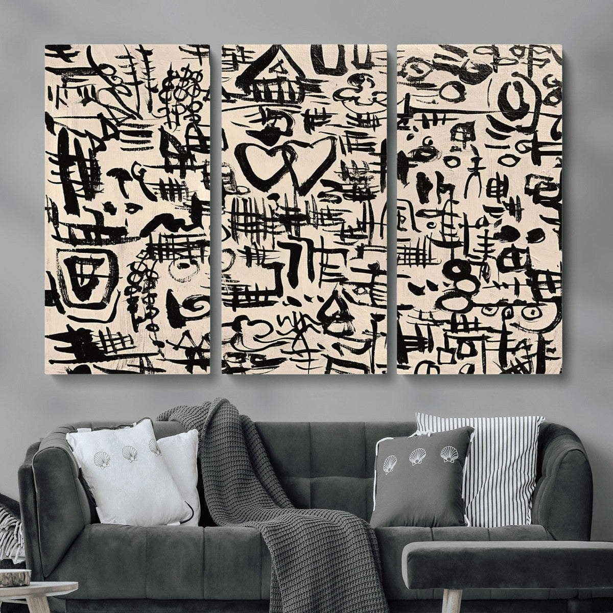 Abstract Love and Chaos Canvas Print, Black Symbols on Beige