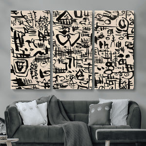 Abstract Love and Chaos Canvas Print, Black Symbols on Beige