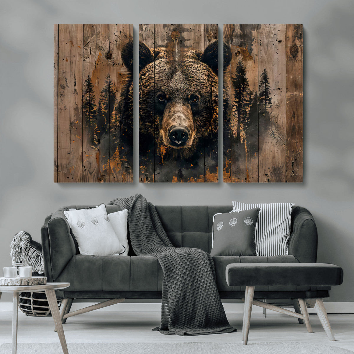 Rustic Grizzly 399 Wall Art | Triptych Canvas Print | Rustic