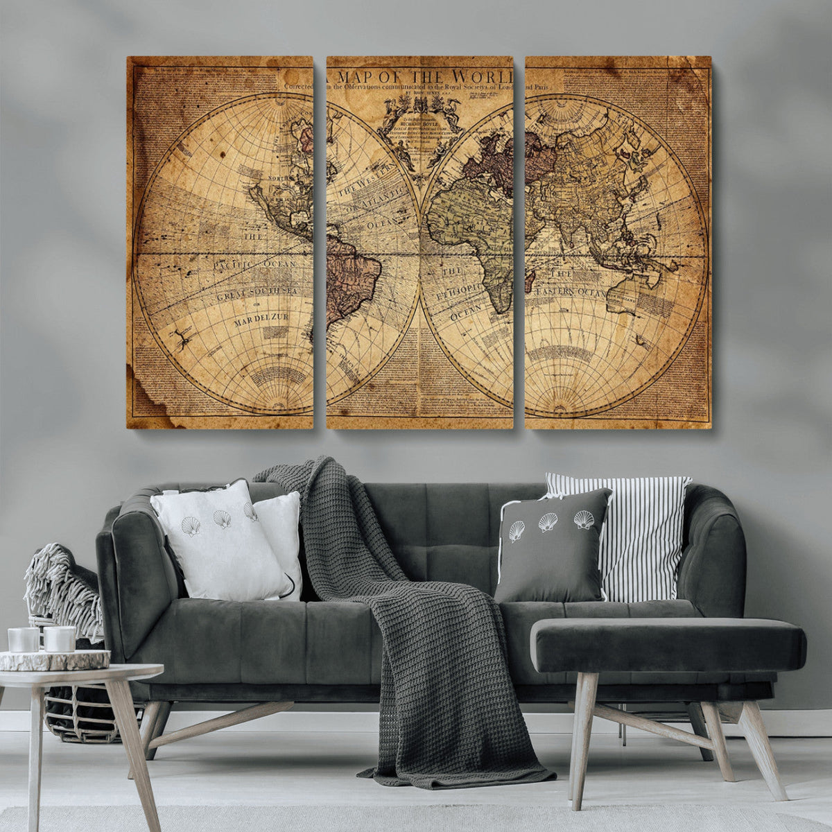 Vintage World Map Wall Art Canvas – Antique Style Push Pin
