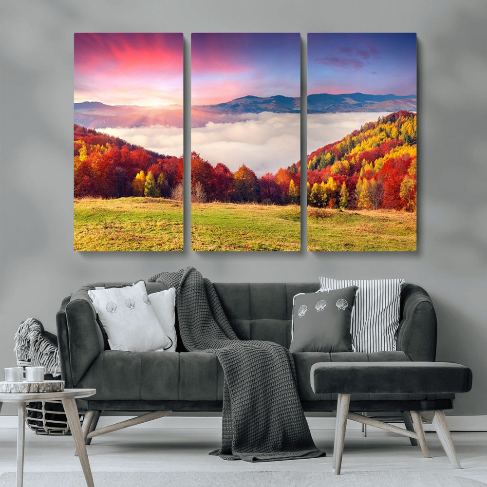 Autumn Mountain Foggy Landscape Wall Art Canvas Print |