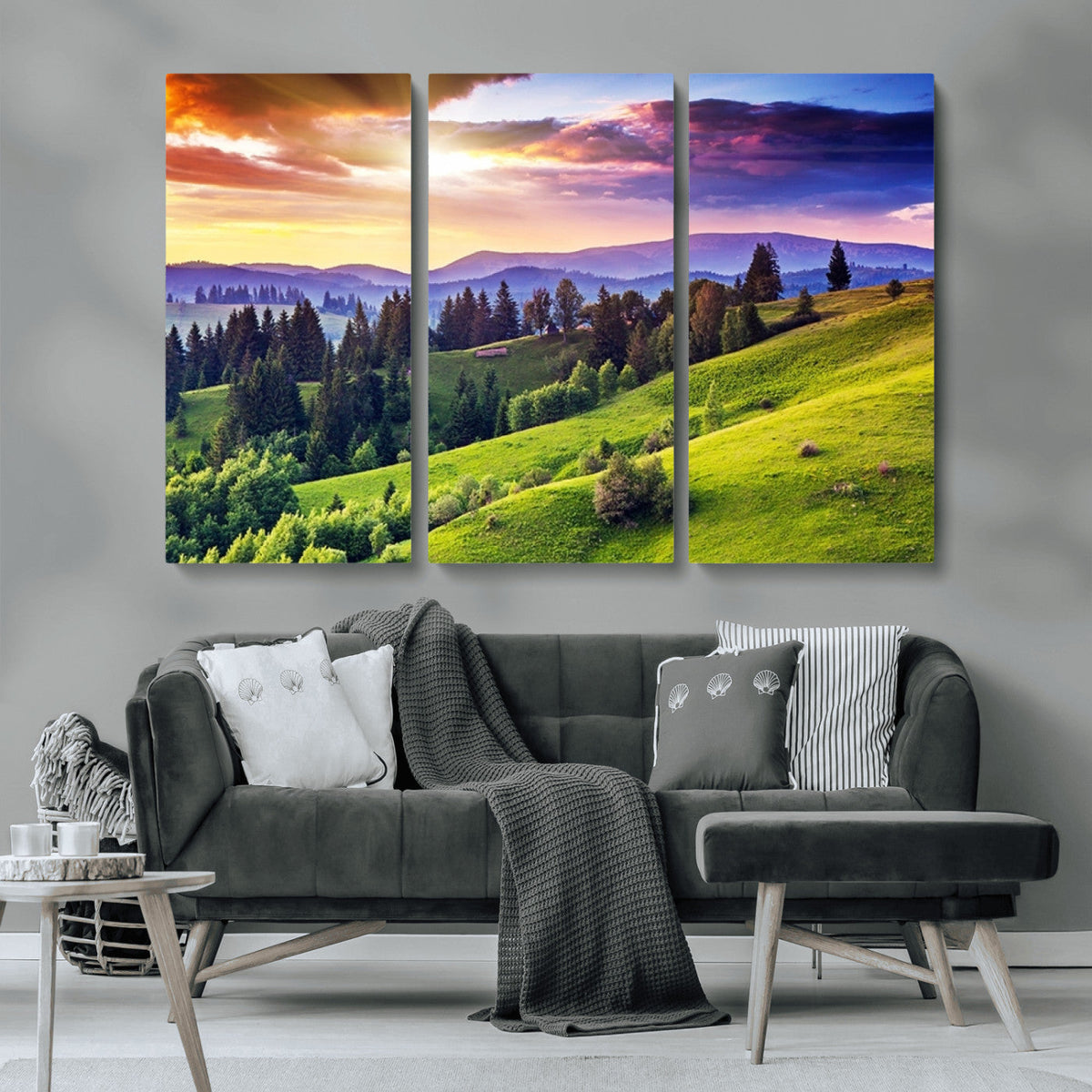 Green Hills and Sunset Wall Art Print - Scenic Landscape