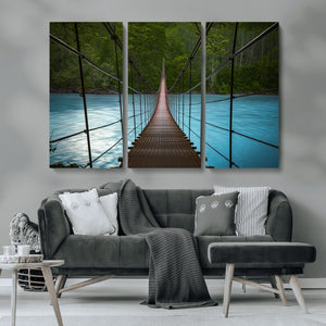Suspension Bridge Over River Canvas Art | 3-Panel Nature