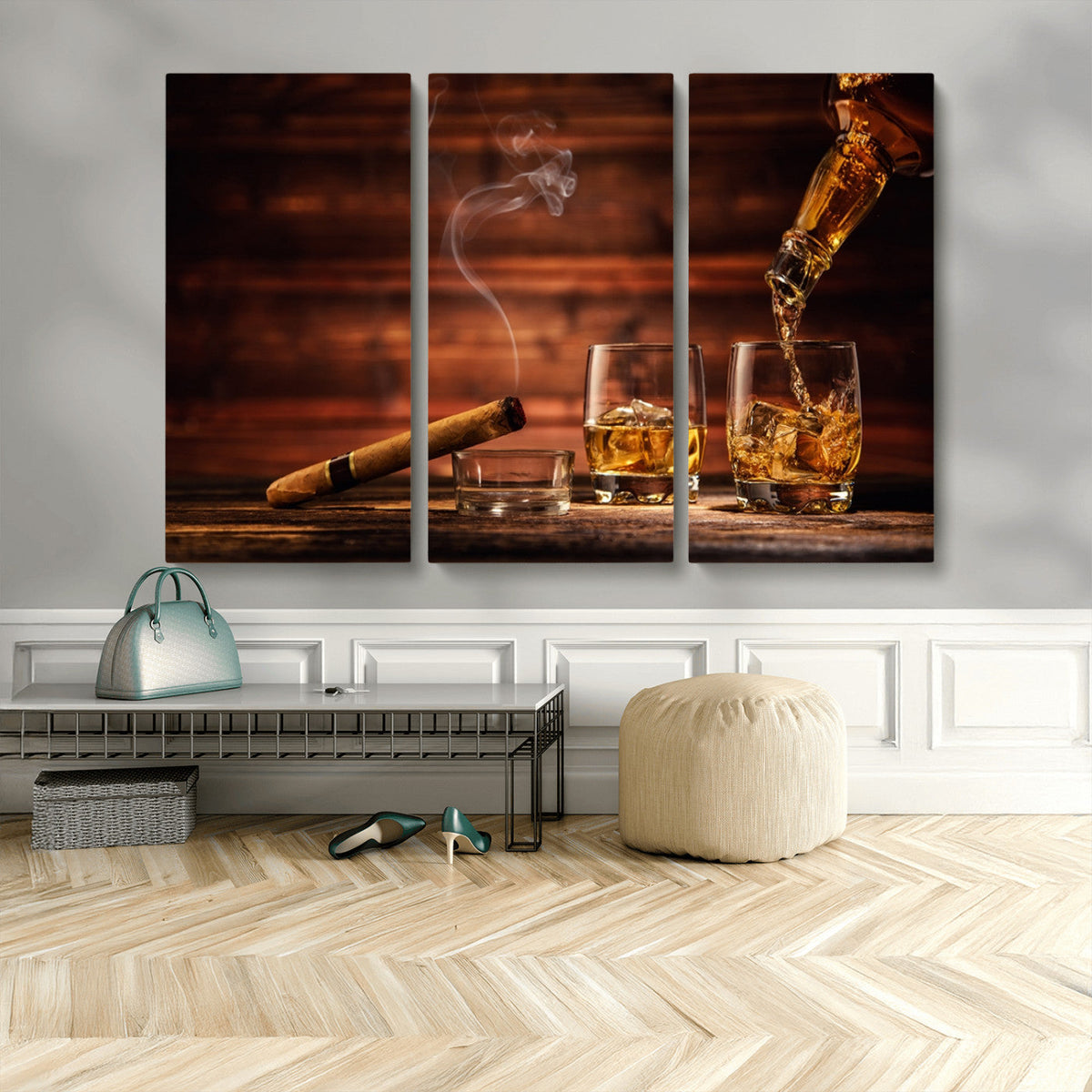 Whiskey and Cigar Wall Art Canvas | 3 Panel Bar Room Decor
