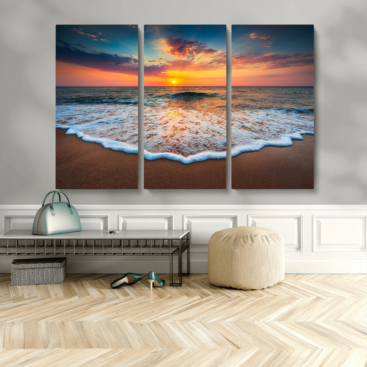 Sunset Beach Canvas Wall Art – Colorful Ocean Waves Triptych
